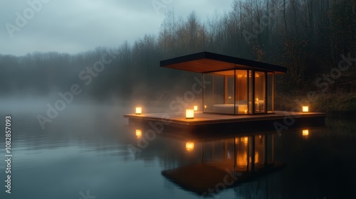 A beautifully designed floating cabin with glass walls sits on a misty lake, its warm interior lights creating a captivating glow against the serene backdrop of trees. photo