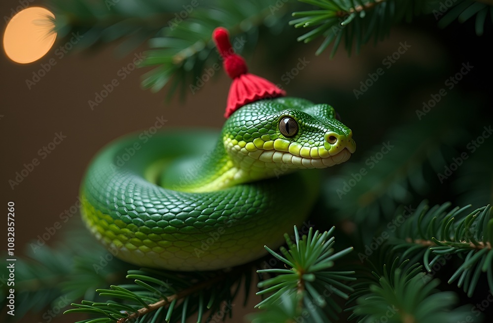 Fototapeta premium Green Snake on a Christmas Tree Branch in a Red Hat