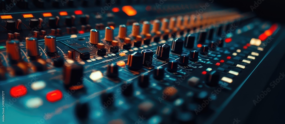 Close up of a professional audio sound mixing console Close up of a professional audio sound mixing console