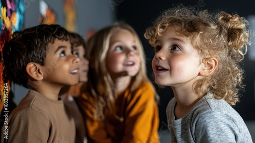 A group of children with curious expressions admire art in a gallery, their expressions filled with wonder and fascination as they take in the vibrant artwork.