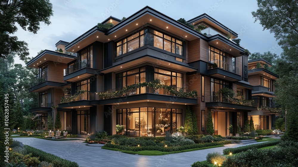 Modern luxurious building surrounded by greenery during twilight Modern luxurious building surrounded by greenery during twilight