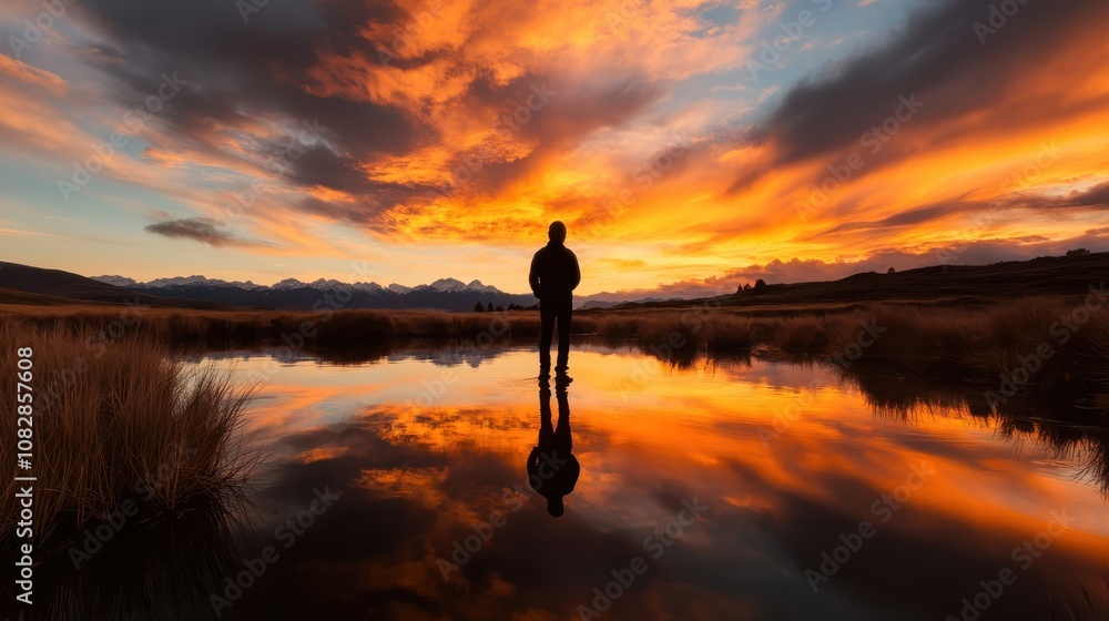 A silhouette stands by a tranquil lake as the fiery colors of a sunrise reflect across the water, evoking serenity and contemplation in a breathtaking scene. A silhouette stands by a tranquil lake as the fiery colors of a sunrise reflect across the water, evoking serenity and contemplation in a breathtaking scene.