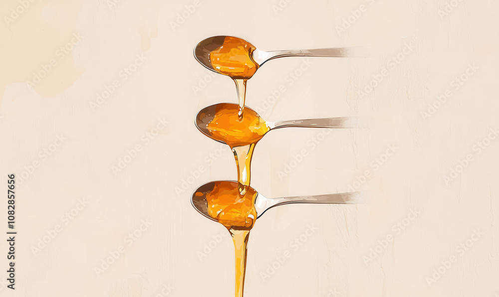 Captivating Stream of Honey Flowing Gracefully from Three Spoons Captivating Stream of Honey Flowing Gracefully from Three Spoons