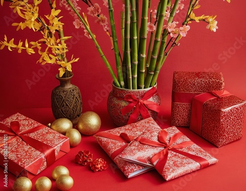 Colorful festive scene with beautifully wrapped presents and floral arrangements. photo