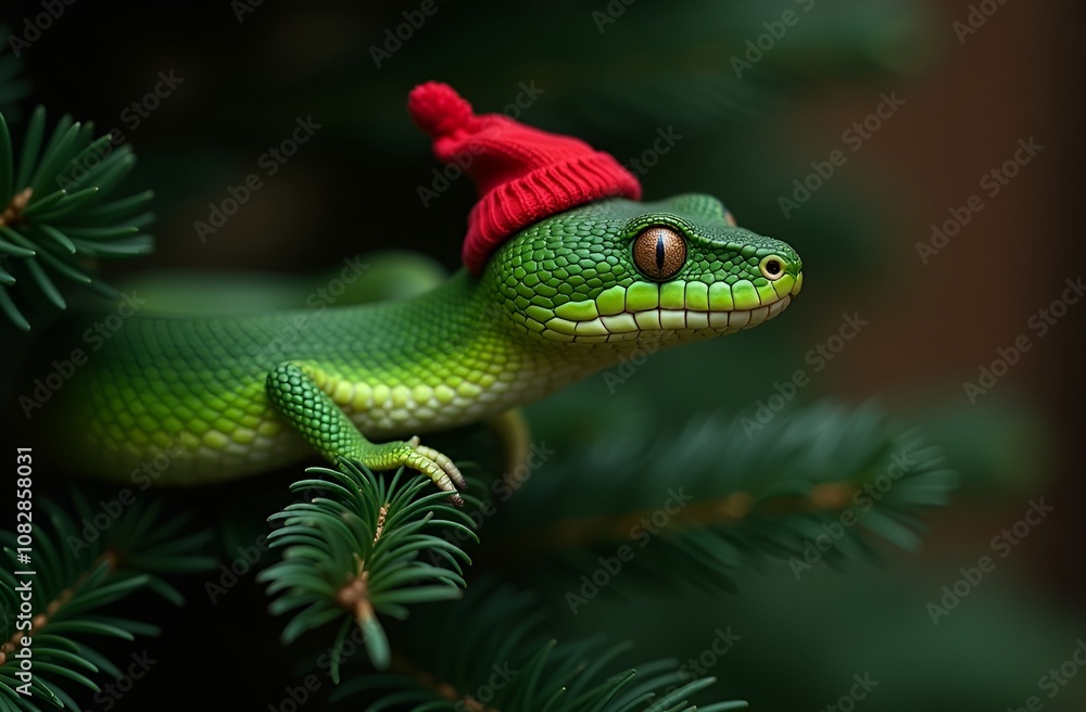 Green lizard on a Christmas tree branch in a red hat Green lizard on a Christmas tree branch in a red hat