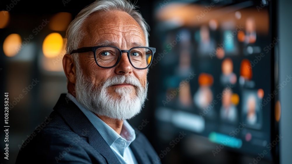 An elderly man with a white beard and glasses stands confidently, wearing a suit against a blurred screen background, conveying wisdom and modernity. An elderly man with a white beard and glasses stands confidently, wearing a suit against a blurred screen background, conveying wisdom and modernity.