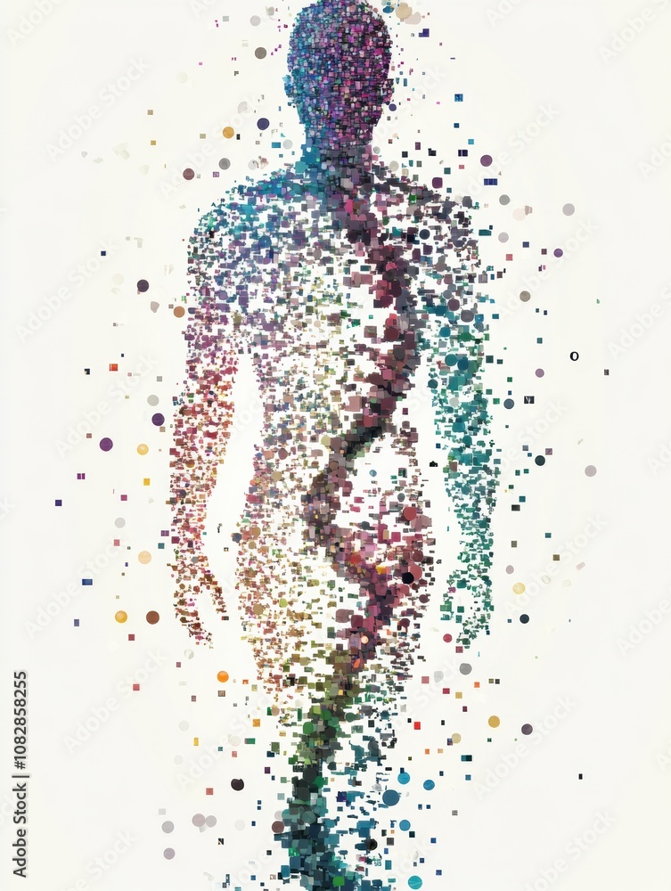 An artwork shows the connection between genetic code and human identity, featuring vibrant DNA sequences over a human figure. Generative AI An artwork shows the connection between genetic code and human identity, featuring vibrant DNA sequences over a human figure. Generative AI