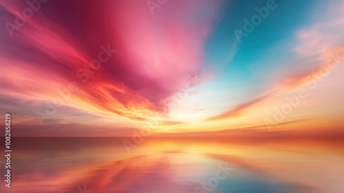 A stunning sunset paints the sky with rich hues of red, pink, and blue, reflecting vibrantly on the glassy ocean surface, creating a serene visual spectacle.