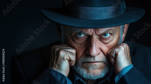 An elderly man with a piercing gaze and intense expression wears a dark hat, conveying wisdom and mystery in a portrait capturing deep human emotions. photo