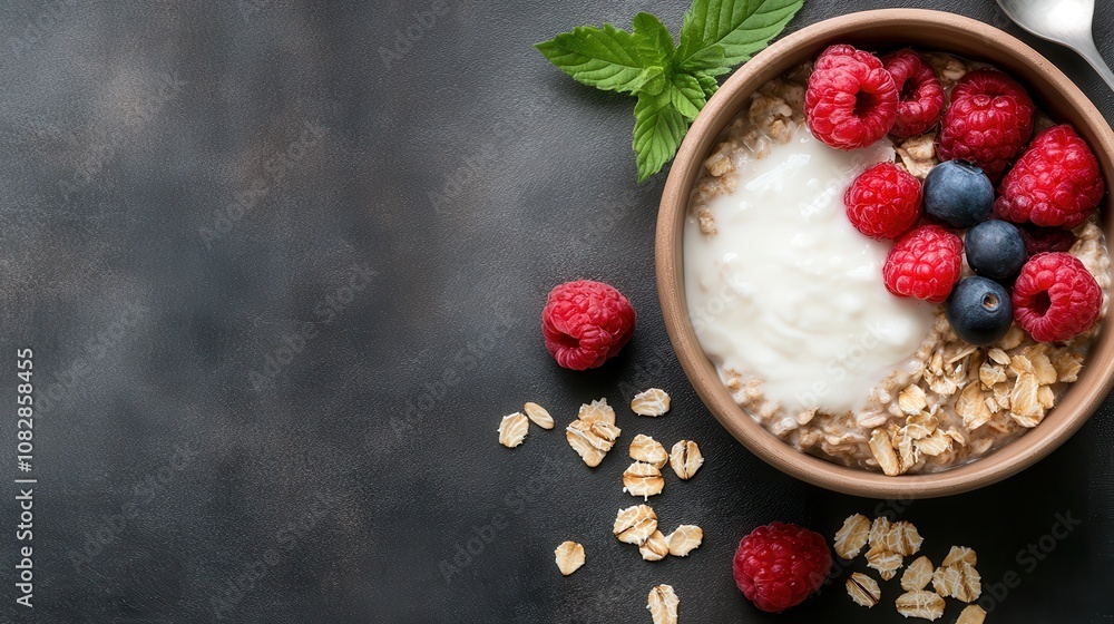 A bowl of oatmeal topped with raspberries, blueberries, and a mint garnish, representing a fresh and healthy breakfast choice elegantly presented. A bowl of oatmeal topped with raspberries, blueberries, and a mint garnish, representing a fresh and healthy breakfast choice elegantly presented.