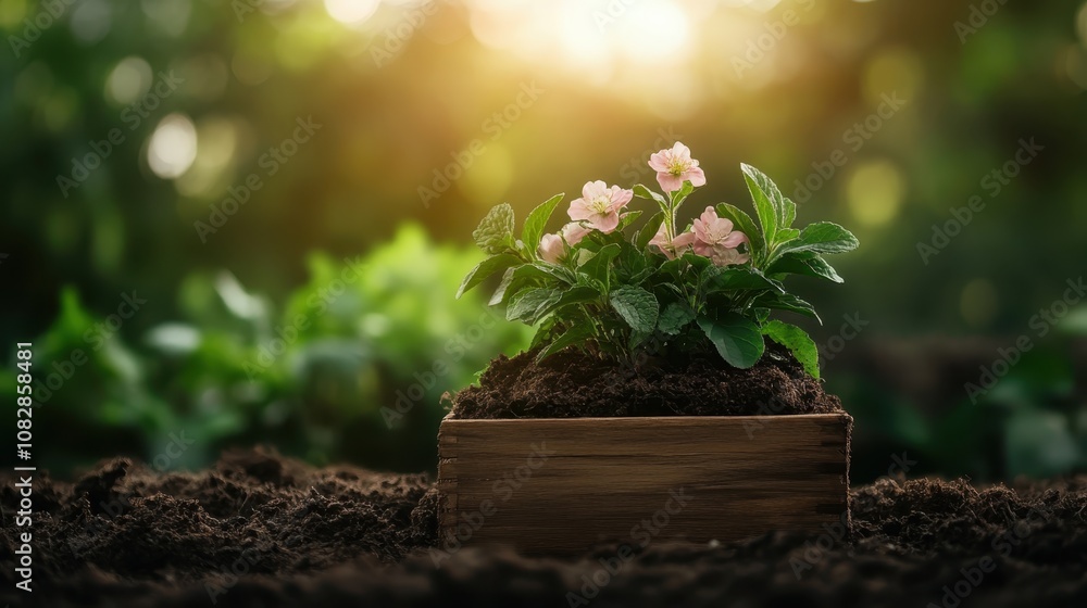 Flowers planted in soil during the golden hour, with sunlit leaves and blooms, showcase a serene atmosphere of growth and the harmony of nature. Flowers planted in soil during the golden hour, with sunlit leaves and blooms, showcase a serene atmosphere of growth and the harmony of nature.