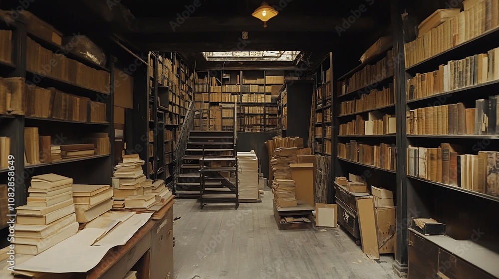 Obraz premium A dimly lit, dusty bookstore with bookshelves lining the walls and stacks of books on the floor. The stairs lead up to a higher level, where more books are visible.