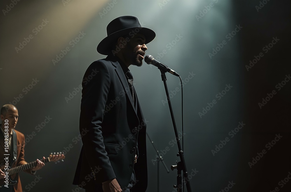 A dark-skinned male singer in a black suit and hat sings into a microphone on stage. A stylish artist gives a concert. The singer-soloist performs on stage. A dark-skinned male singer in a black suit and hat sings into a microphone on stage. A stylish artist gives a concert. The singer-soloist performs on stage.