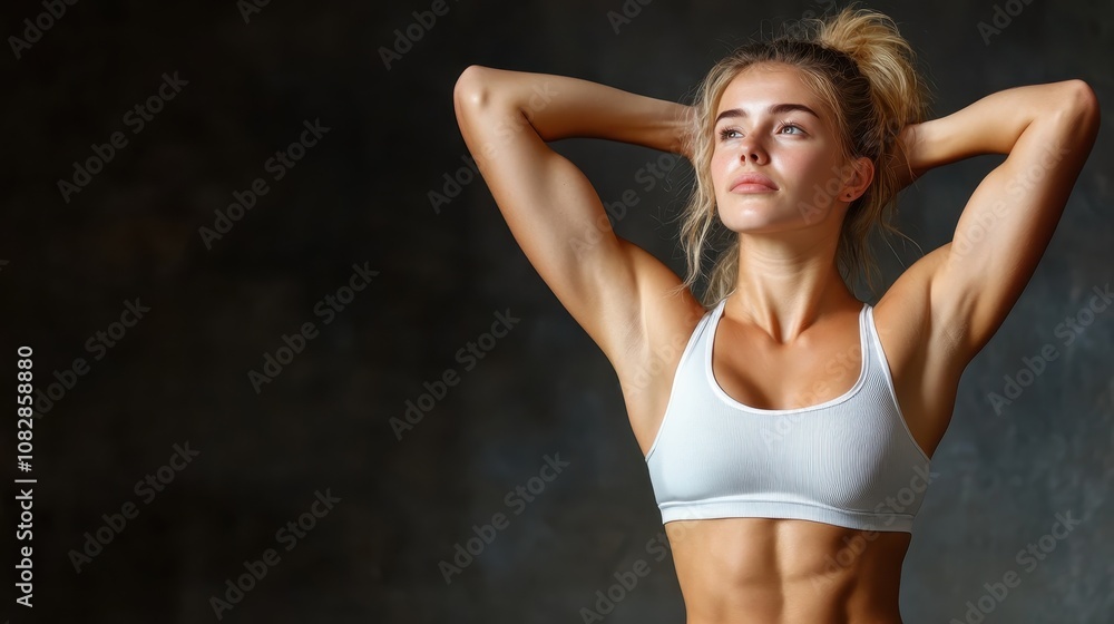 A fit woman in a sports bra confidently poses, showcasing her strong and toned abdominal muscles, standing with her arms behind her head in a gym setting. A fit woman in a sports bra confidently poses, showcasing her strong and toned abdominal muscles, standing with her arms behind her head in a gym setting.