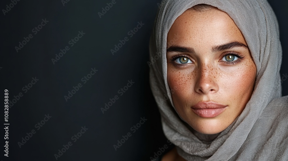 An intimate close-up of a woman in a light grey hijab, her freckles and mesmerizing eyes, radiate beauty, simplicity combined with a dark, serene background. An intimate close-up of a woman in a light grey hijab, her freckles and mesmerizing eyes, radiate beauty, simplicity combined with a dark, serene background.