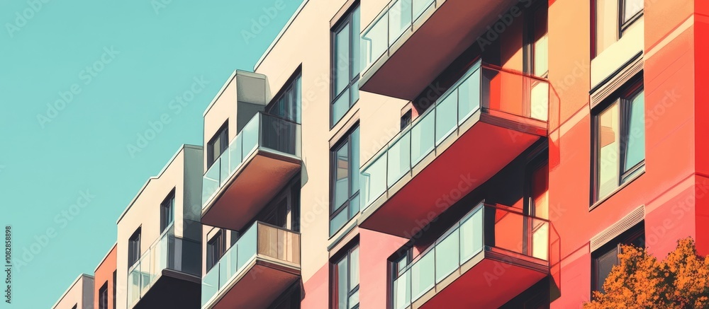 Modern apartment buildings featuring balconies and large windows set within a contemporary residential complex with outdoor amenities Mixed media Modern apartment buildings featuring balconies and large windows set within a contemporary residential complex with outdoor amenities Mixed media