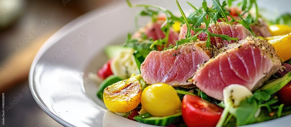 Close up of a Nicoise salad featuring seared tuna served on a white plate Close up of a Nicoise salad featuring seared tuna served on a white plate