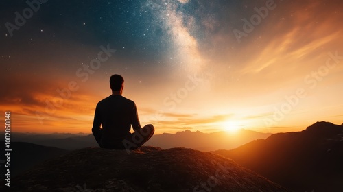 A person meditates calmly on a mountaintop during a picturesque sunset, surrounded by serene skies and expansive views, symbolizing mindfulness and inner peace. photo