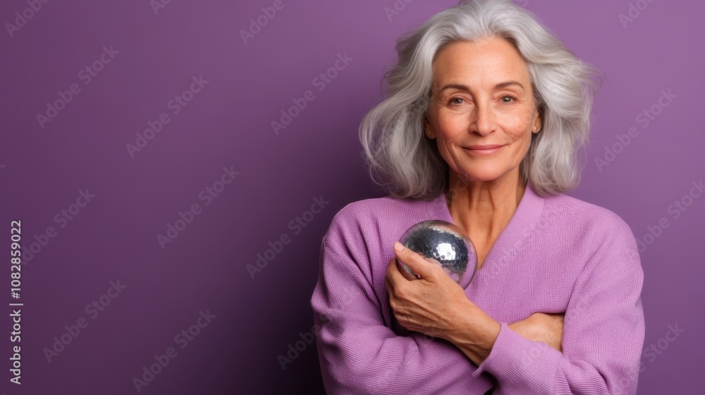 A classy older woman with gray hair holds a reflective sphere, standing against a vivid purple background, exuding elegance and tranquility. A classy older woman with gray hair holds a reflective sphere, standing against a vivid purple background, exuding elegance and tranquility.