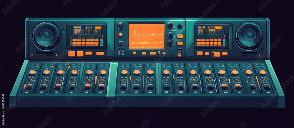 Audio mixing console viewed from the front showcasing a variety of control knobs in a recording studio setting Audio mixing console viewed from the front showcasing a variety of control knobs in a recording studio setting