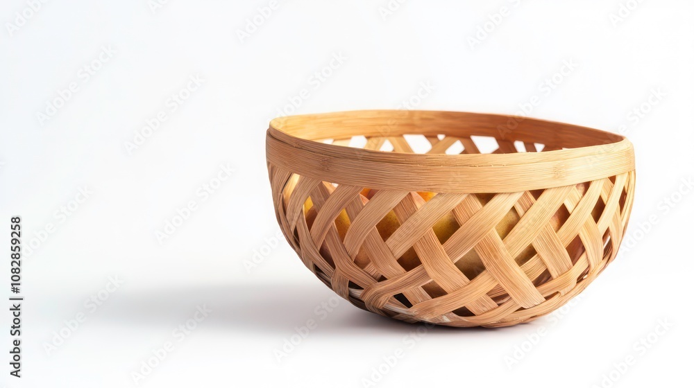A woven bamboo basket sits on a white background. A woven bamboo basket sits on a white background.