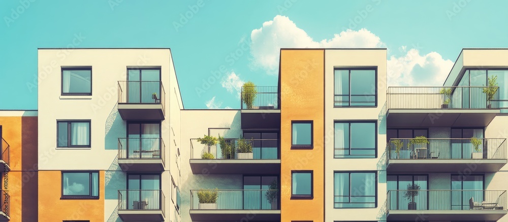 Modern apartment buildings featuring balconies and large windows showcasing a contemporary architectural design with outdoor amenities Mixed media style Modern apartment buildings featuring balconies and large windows showcasing a contemporary architectural design with outdoor amenities Mixed media style