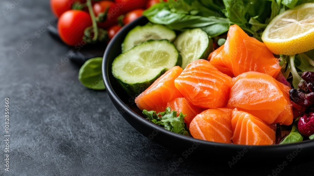 A vibrant salad featuring fresh salmon pieces, crisp cucumber slices, and mixed greens, topped with lemon for a refreshing and healthy meal option. A vibrant salad featuring fresh salmon pieces, crisp cucumber slices, and mixed greens, topped with lemon for a refreshing and healthy meal option.