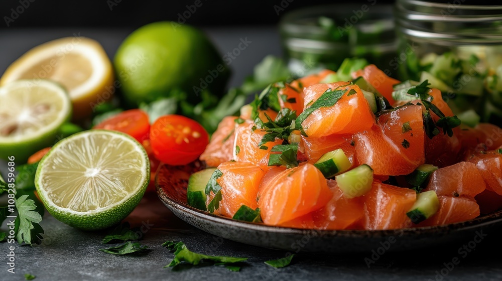 A beautifully arranged salad with cubed salmon, fresh citrus slices, cucumbers, and a sprinkle of herbs, symbolizing creativity and healthful eating. A beautifully arranged salad with cubed salmon, fresh citrus slices, cucumbers, and a sprinkle of herbs, symbolizing creativity and healthful eating.