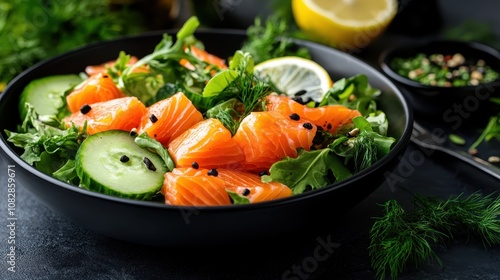 A delightful salmon salad garnished with lemon and fresh cucumber slices, artistically plated to highlight vibrancy and freshness in a healthy dish. photo