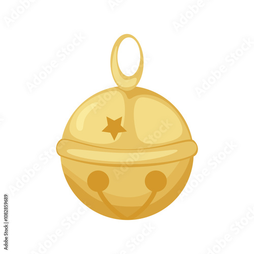 Christmas jingle bell on the white background. Christmas decoration. Golden round bell with star. Isolated vector illustration