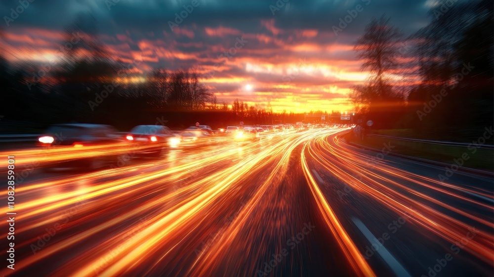 Blurred streaks of headlights and taillights create a dynamic motion effect on a bustling highway during a vibrant sunset, showcasing urban energy and speed. Blurred streaks of headlights and taillights create a dynamic motion effect on a bustling highway during a vibrant sunset, showcasing urban energy and speed.