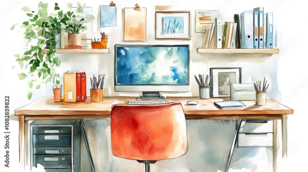Fototapeta premium Organized Watercolor Home Office Workspace