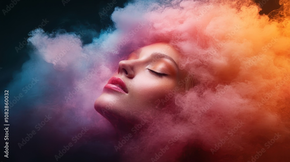 An evocative image of a woman's face surrounded by bright, dreamy smoke clouds, blending artistic elements to create a surreal and thought-provoking visual experience. An evocative image of a woman's face surrounded by bright, dreamy smoke clouds, blending artistic elements to create a surreal and thought-provoking visual experience.