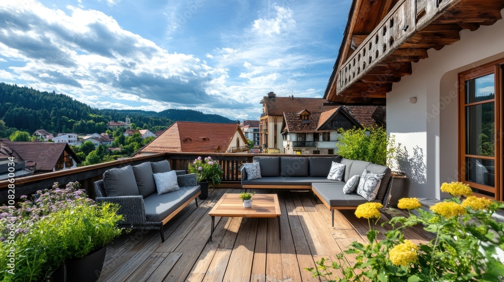 Obraz premium Alpine Village View from a Luxurious Rooftop Terrace