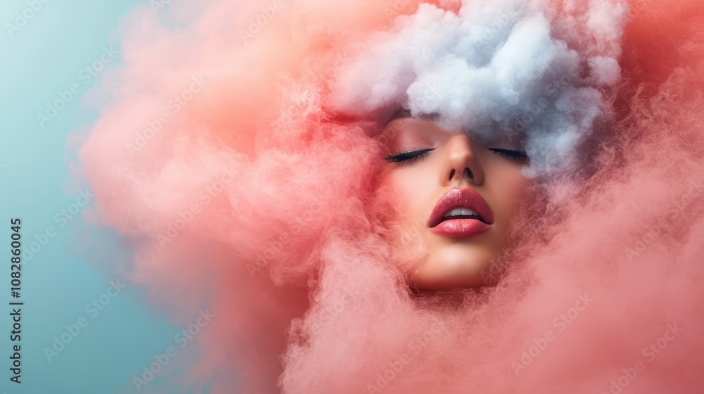 A striking digital portrait of a woman with her face partially obscured by vibrant, swirling clouds of smoke, combining dynamic color tones with a dreamy ambiance. A striking digital portrait of a woman with her face partially obscured by vibrant, swirling clouds of smoke, combining dynamic color tones with a dreamy ambiance.