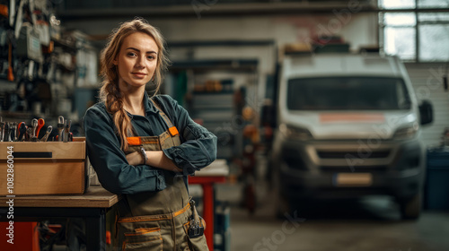 Confident young woman technician with toolbox standing in garage beside workbench and transporter van