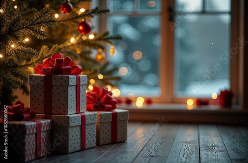 Stack of present boxes with big red bows under christmas tree. Late evening, Christmas Eve. photo