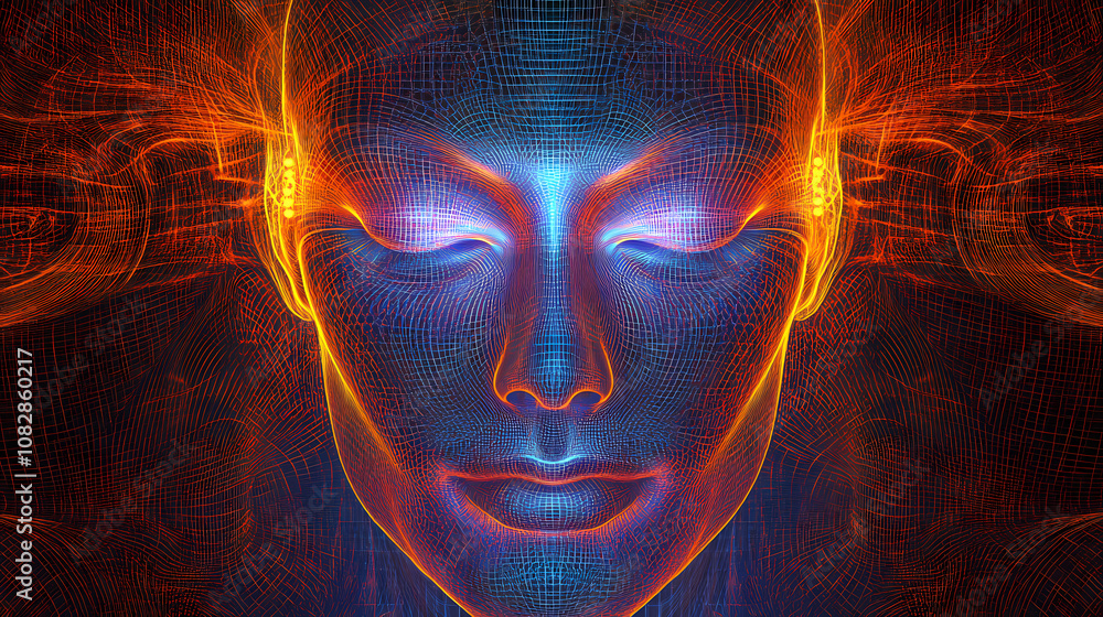 Glowing wire mesh representation of a human face part of the inner light series designed for themes of artificial intelligence human consciousness and spiritual exploration. Mysticism. Illustration Glowing wire mesh representation of a human face part of the inner light series designed for themes of artificial intelligence human consciousness and spiritual exploration. Mysticism. Illustration