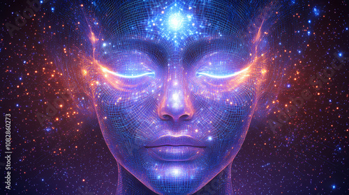 Wallpaper Mural Glowing wire mesh representation of a human face part of the inner light series designed for themes of artificial intelligence human consciousness and spiritual exploration. Mysticism. Illustration Torontodigital.ca