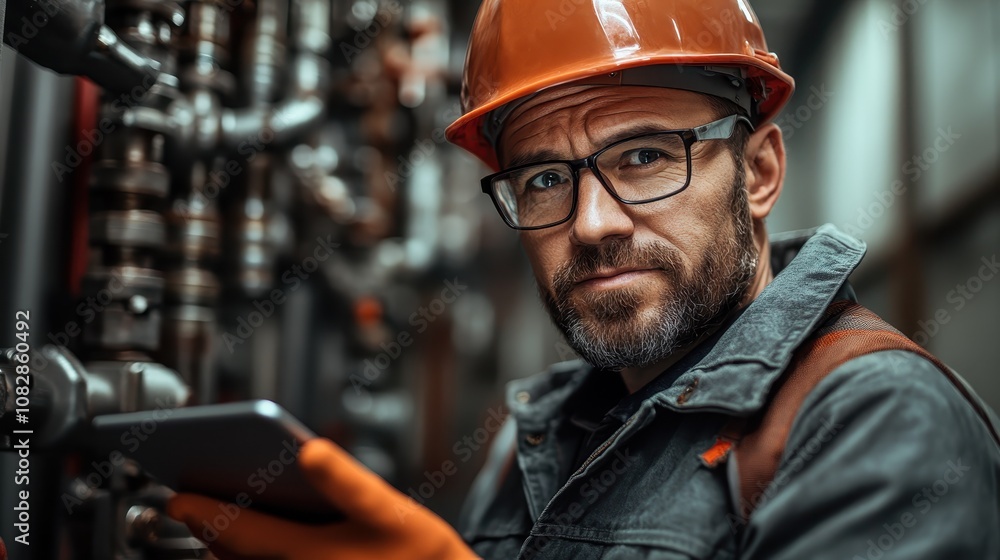 A focused engineer wearing a helmet and safety glasses, holding a tablet in an industrial setting filled with pipes. Represents technology and precision in engineering. A focused engineer wearing a helmet and safety glasses, holding a tablet in an industrial setting filled with pipes. Represents technology and precision in engineering.