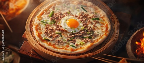 Grilled rice paper pizza with ground pork spring onions quail egg and dried shrimp crisps cooked over low medium charcoal heat photo