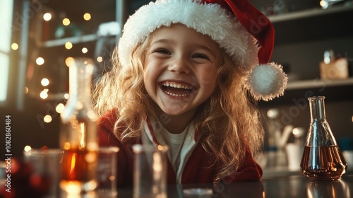 A smiling child wearing a Santa hat is surrounded by a festive setup with scientific instruments, blending holiday cheer with the curiosity of science exploration. photo