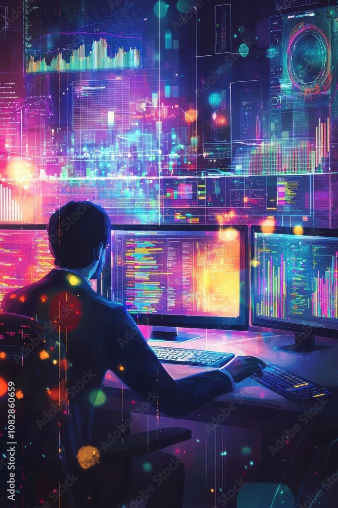 Fototapeta premium Data Scientist Analyzing AI Visualizations in Modern Office for Predictive Analytics and Forecasts