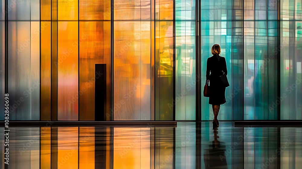 A poised businesswoman integrated into a corporate high-rise silhouette. A poised businesswoman integrated into a corporate high-rise silhouette.