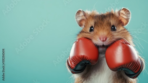 This lively hamster dons red boxing gloves, exhibiting confidence and playfulness. Set against a teal backdrop, the image conveys a sense of adventure and whimsy. photo