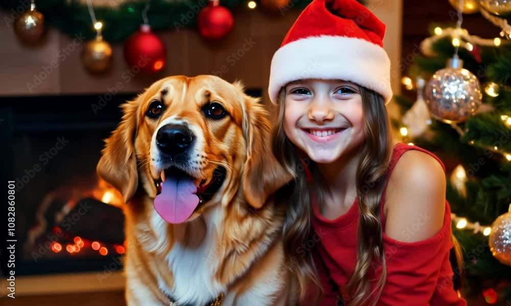 Smiling Girl in Santa Hat with Dog Celebrating Christmas Smiling Girl in Santa Hat with Dog Celebrating Christmas