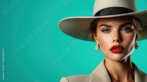 Stylized portrait of a sophisticated woman in a hat with red lipstick, set against a teal background, showcasing elegance and modern fashion aesthetics.