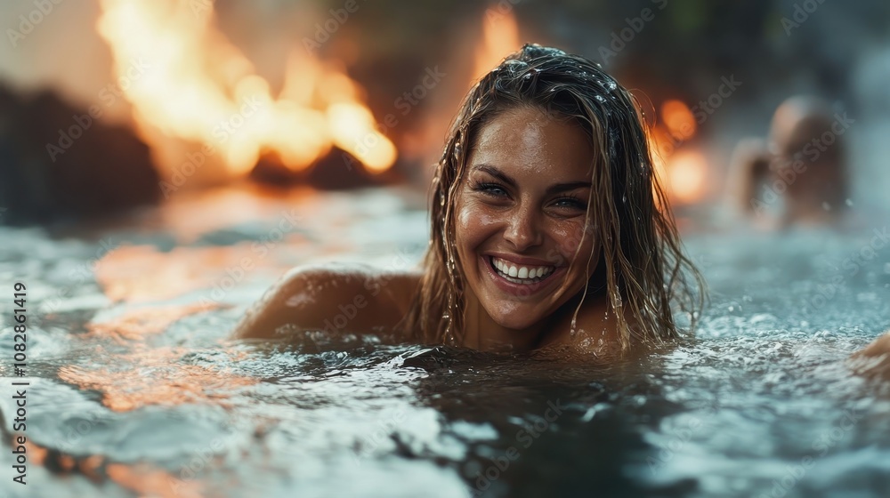 Fototapeta premium A woman with wet hair and a bright smile enjoys swimming in a pool with fire visibly burning in the background, creating a striking contrast of elements.