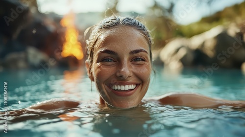 A woman in a swimming pool smiles radiantly, her head barely above water, with a backdrop of flames, creating a juxtaposition of fire and water elements. photo