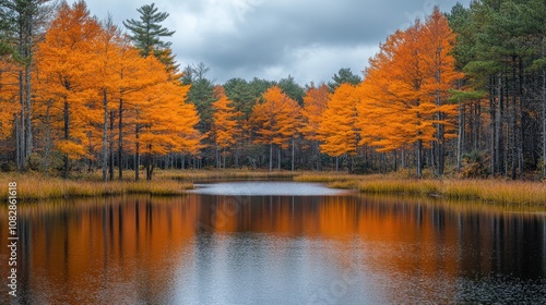 A serene lake surrounded by vibrant autumn trees reflecting on the water's surface.